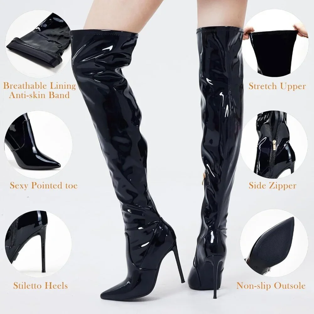 Women Patent Leather Black (PU) Over The Knee Stiletto Heel Pointed Toe Boots